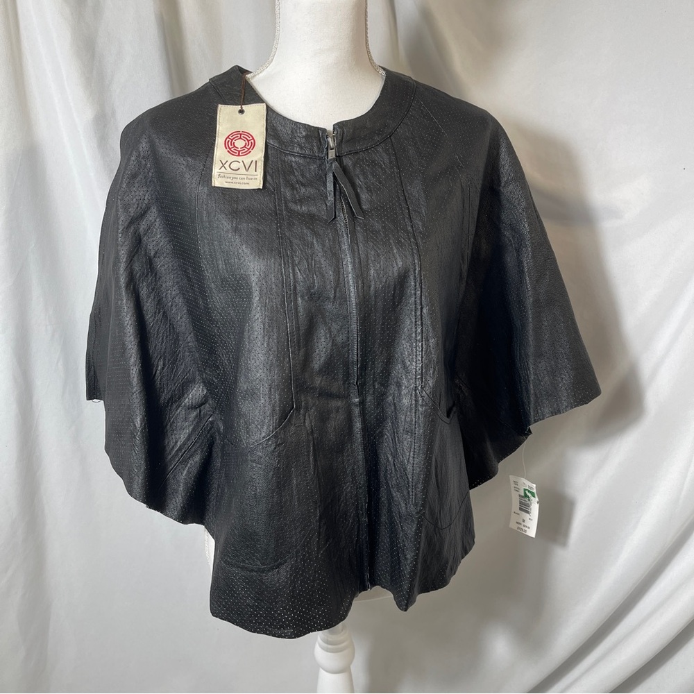 XCVI Black PerforatedLeather Cape/Sleeves NWT Architectural Statement Jacket